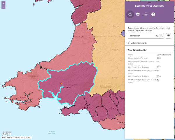 UnionMaps search for Camarthen, Wales