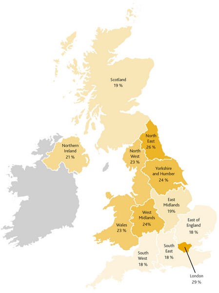 A map of the UK showing poverty rates for the UK population, by English region, 2018/19